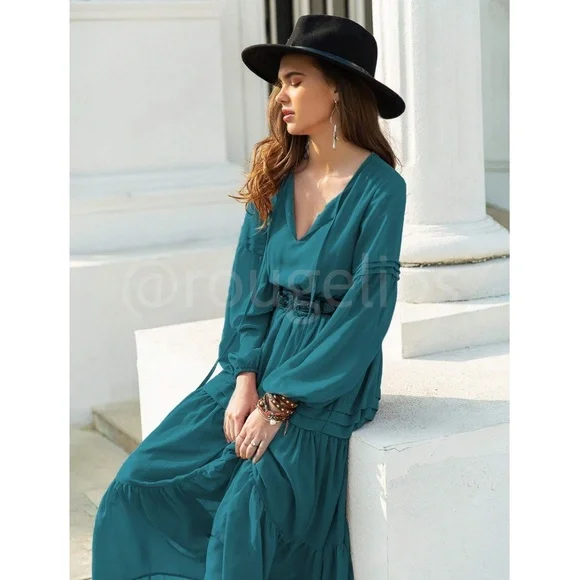 Teal Blue Bohemian Maxi Dress Chiffon Neck Ties Long Sleeve Ruffle Hem Flowy